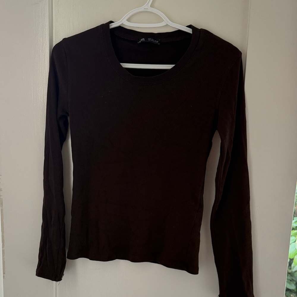 Zara Dark Brown Long Sleeve Crewneck Top